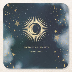 Celestial Gold Sun,Moon,Stars Night Sky Square Paper Coaster