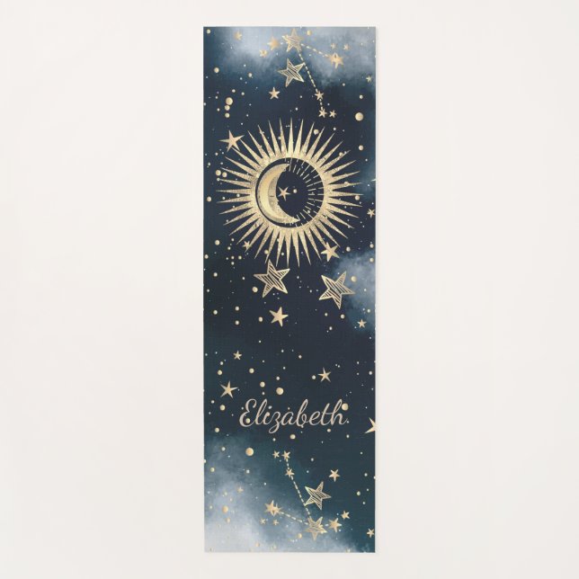 Celestial Gold Sun,Moon,Stars Night Sky Yoga Mat (Front)