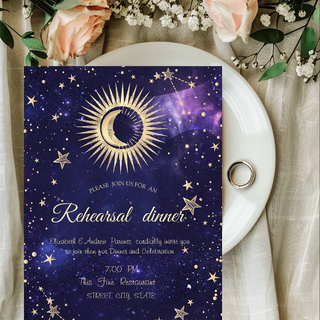 Celestial Gold Sun,Moon,Stars Purple Invitation (Creator Uploaded)