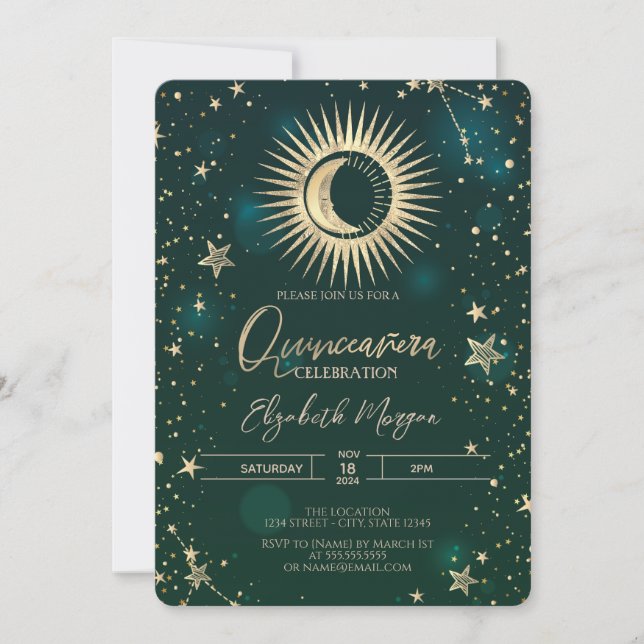 Celestial Gold Sun Moon Stars Quinceanera Invitation (Front)