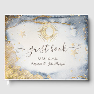 Celestial Gold Sun,Moon,Stars Watercolor Guest Book