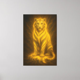 Celestial Golden Seated White Tiger – Divine Aura Canvas Print
