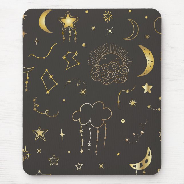 Celestial Golden Stars, Moon & Constellations Mouse Pad (Front)