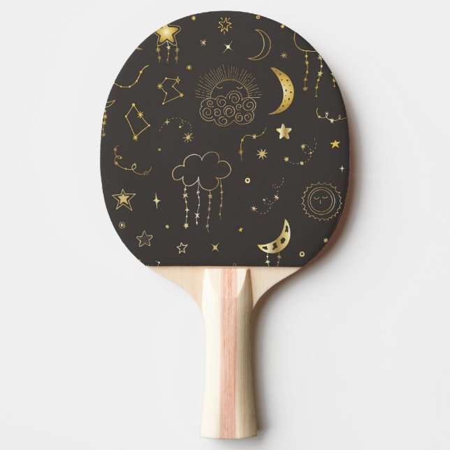 Celestial Golden Stars, Moon & Constellations Ping Pong Paddle (Front)