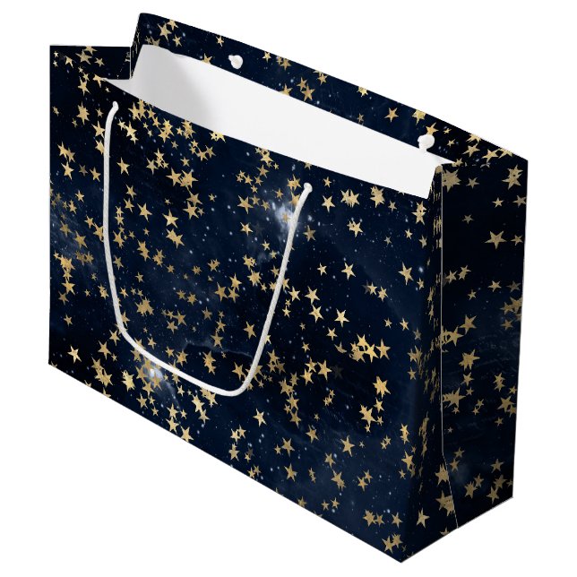 Celestial Golden Stars on Navy Galaxy Background Large Gift Bag (Front Angled)