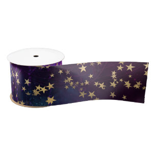 Celestial Golden Stars on Purple Galaxy Background Satin Ribbon