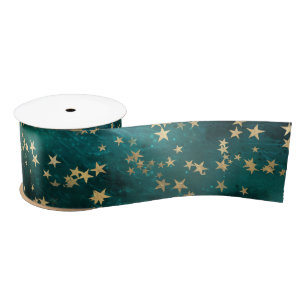 Celestial Golden Stars on Teal Galaxy Background Satin Ribbon