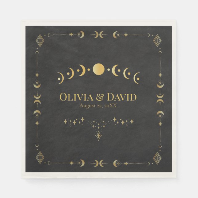 Celestial Gothic Black and Gold Wedding Napkins (Front)