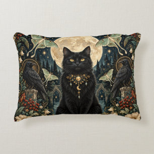Celestial Gothic Black Cat with Moon and Ravens Decorative Cushion