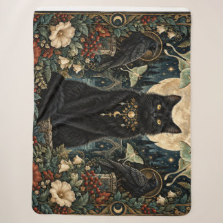 Celestial Gothic Black Cat with Moon and Ravens. Sherpa Blanket