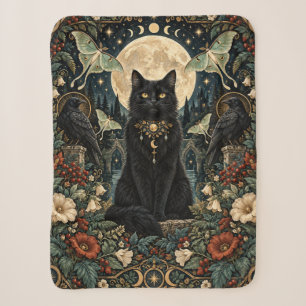 Celestial Gothic Black Cat with Moon and Ravens Sherpa Blanket