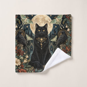 Celestial Gothic Black Cat with Moon and Ravens. Wash Cloth