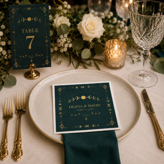 Celestial Gothic Dark Teal Wedding Napkins (Celestial Gothic Dark Teal Wedding Napkins on an elegant moody wedding dinner table)