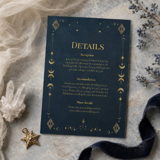 Celestial Gothic Midnight Blue Gold Wedding Detail Invitation