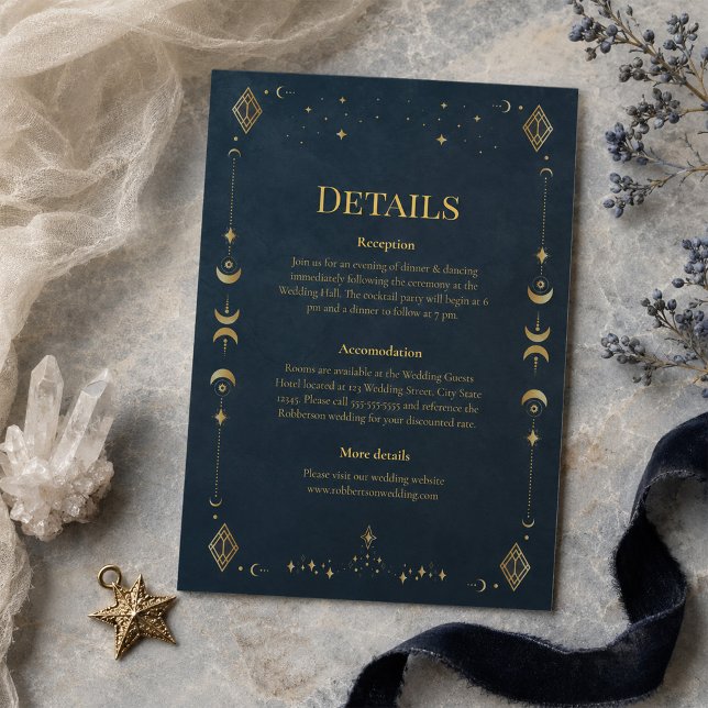Celestial Gothic Midnight Blue Gold Wedding Detail Invitation (Celestial Gothic Midnight Blue Gold Wedding Detail Invitation)