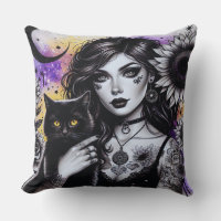 Celestial Gothic Witch and Black Cat