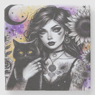 Celestial Gothic Witch and Black Cat Stone Coaster