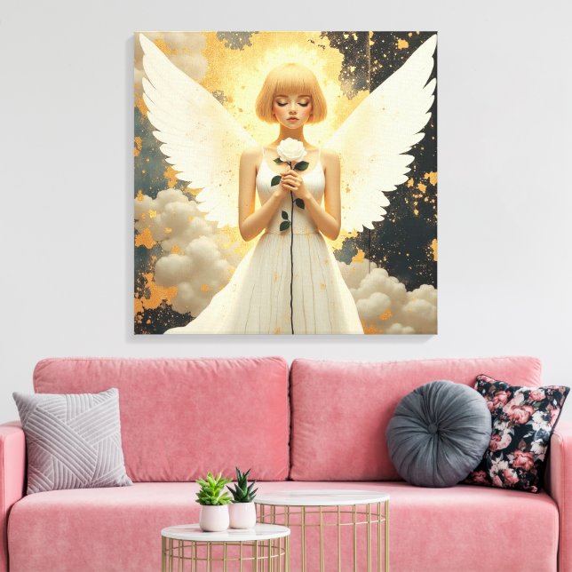 Celestial Grace | Pretty Angel and Rose  Canvas Print (Insitu(LivingRoom))