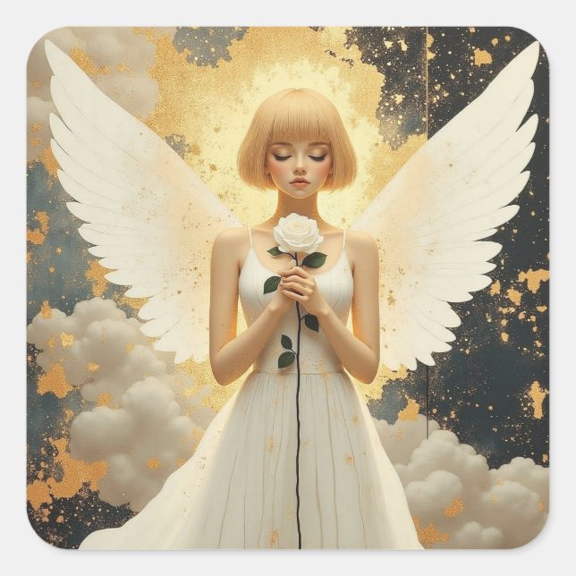 Celestial Grace | Pretty Angel and Rose  Square Sticker (Front)