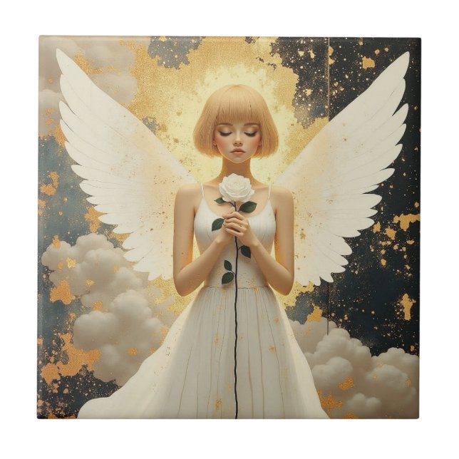 Celestial Grace | Pretty Angel and Rose  Tile (Front)