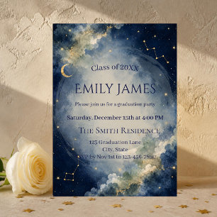Celestial Graduation Invitation Navy Watercolor
