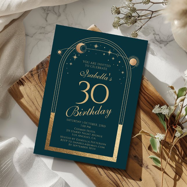 Celestial Green Gold Sun Moon Stars 30th Birthday Invitation (Creator Uploaded)