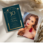 Celestial Green Gold Sun Moon Stars 30th Birthday Invitation<br><div class="desc">Celestial Green Gold Sun Moon Astronomy 30th Birthday Photo Invitations features an elegant gold sun,  moon and stars with a golden frame on a forest green background. Inside is your custom thirtieth birthday invitation information. On the reverse add your favourite photo. Designed for you by Evco Studio www.zazzle.com/store/evcostudio</div>