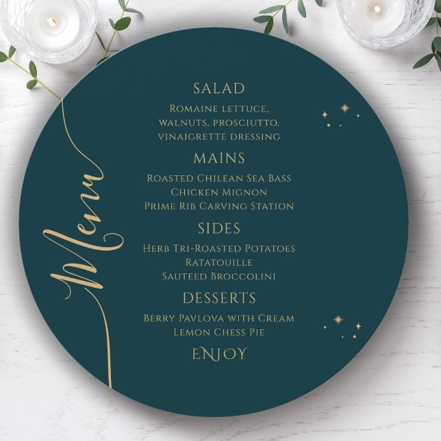 Celestial Green Gold Sun Moon Stars 30th Birthday Menu (Creator Uploaded)
