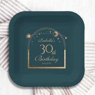 Celestial Green Gold Sun Moon Stars 30th Birthday Paper Plate