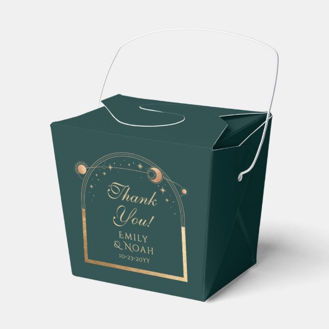 Celestial Green Gold Sun Moon Stars Wedding Favour Box (Front Side)