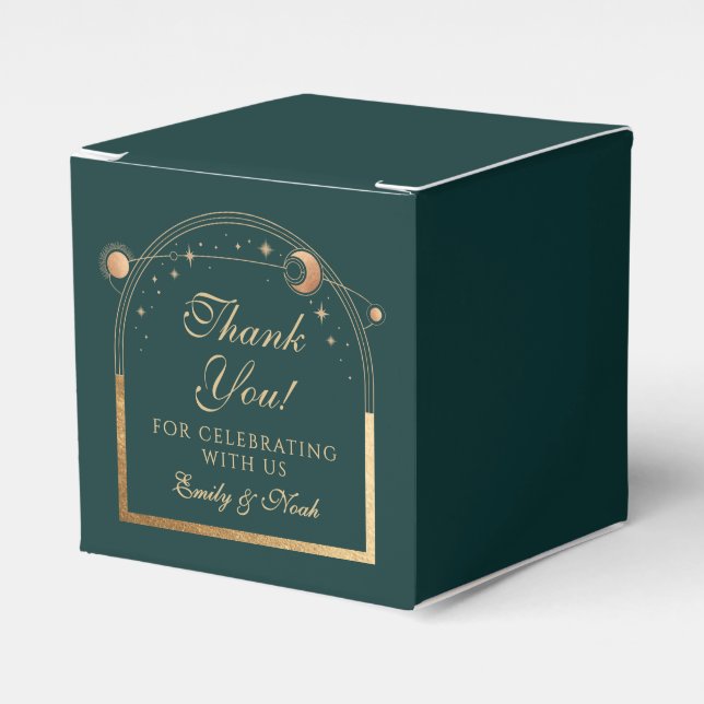 Celestial Green Gold Sun Moon Stars Wedding Favour Box (Front Side)