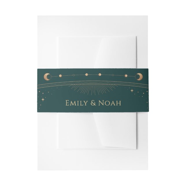 Celestial Green Gold Sun Moon Stars Wedding  Invitation Belly Band (Front Example)