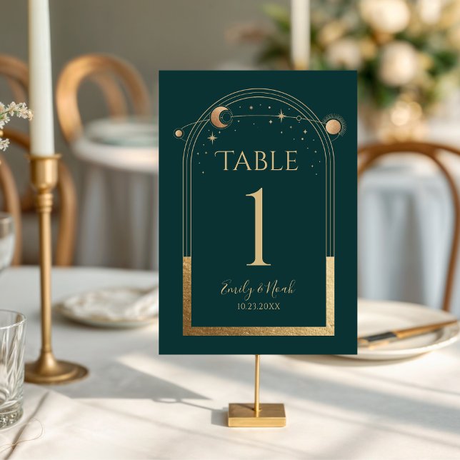 Celestial Green Gold Sun Moon Stars Wedding Table Number (Creator Uploaded)