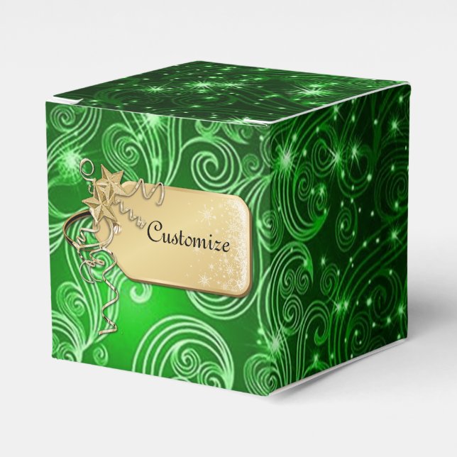 Celestial Green Swirls & Stars Cube Favour Box (Front Side)