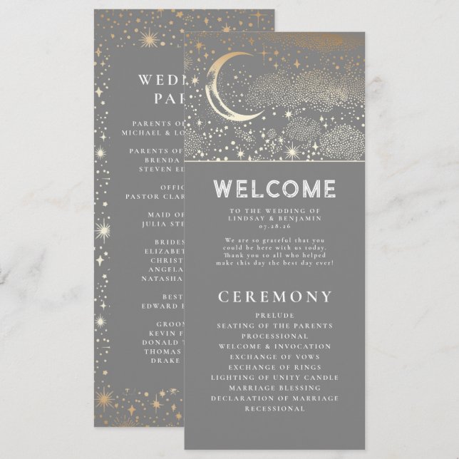 Celestial Grey and Gold Wedding Programs Programme (Front/Back)