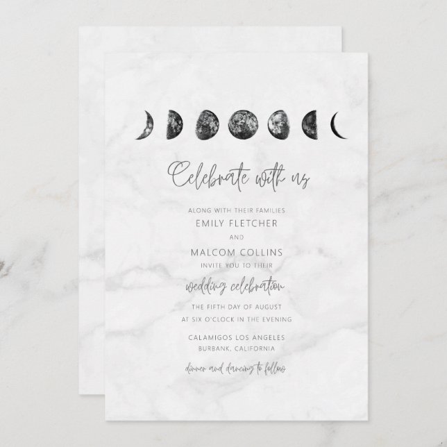 Celestial Grey Marble Moon Phases Wedding Invitation (Front/Back)