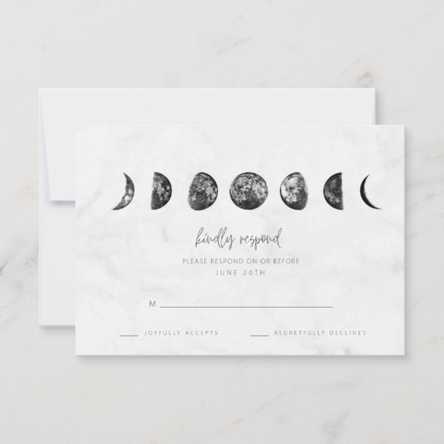 Celestial Grey Marble Moon Phases Wedding RSVP Card (Front)