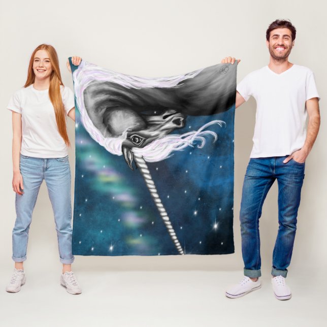 Celestial Guardian: Grey Unicorn with Aurora Dance Fleece Blanket (In Situ)