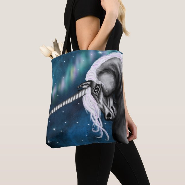 Celestial Guardian: Grey Unicorn with Aurora Dance Tote Bag (Close Up)