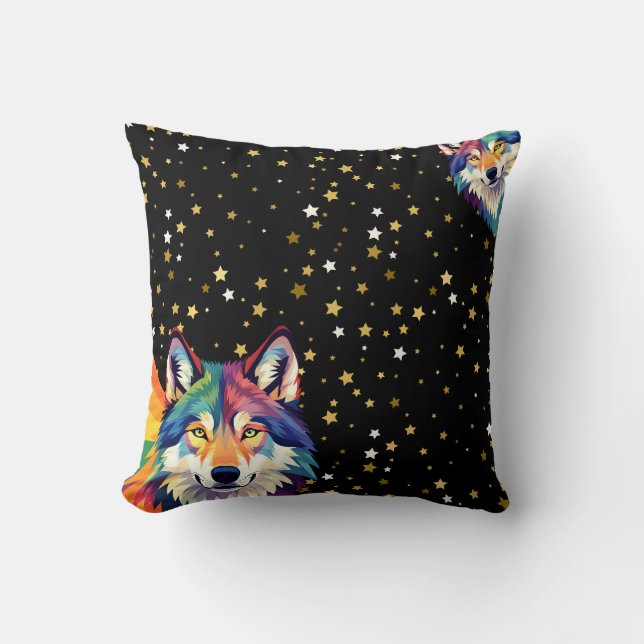 Celestial Guardians – Rainbow & Natural Wolves Ben Cushion (Front)