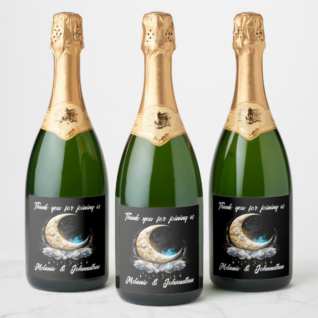 Celestial half moon starry night elegant luna sparkling wine label (Bottles)