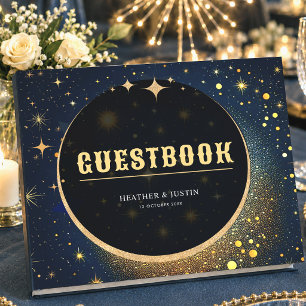 Celestial Halo Stars Moon Midnight Blue Wedding Guest Book