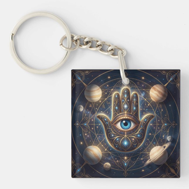 Celestial Hamsa Hand & Evil Eye Cosmic Protection  Key Ring (Front)