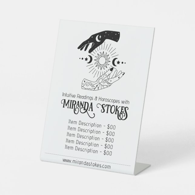 Celestial Hands Sun Moon Tarot Reader Price List Pedestal Sign (Front)