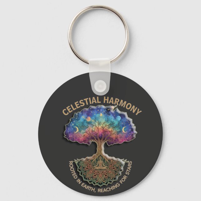 Celestial Harmony Tree | Cosmic Meditation Mandala Key Ring (Front)