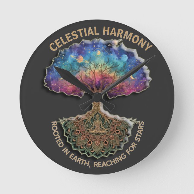 Celestial Harmony Tree | Cosmic Meditation Mandala Round Clock (Front)