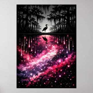 Celestial Heron Swamp Reflection Art Poster