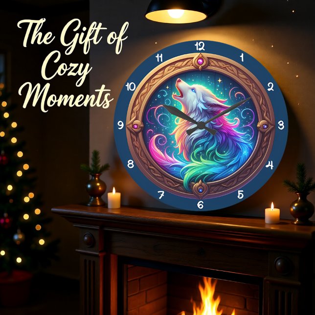 Celestial Howl Rainbow Wolf Large Clock (Creator Uploaded)