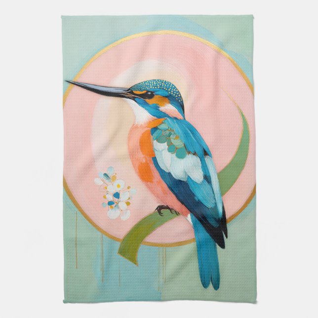 Celestial Kingfisher: A Study in Azure and Gold Tea Towel (Vertical)