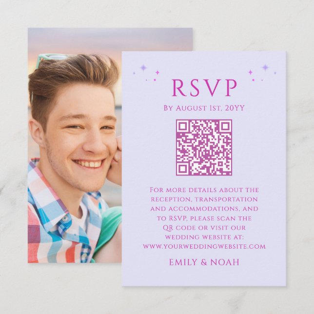Celestial Lavender Budget QR Code RSVP Photo Enclosure Card (Front/Back)